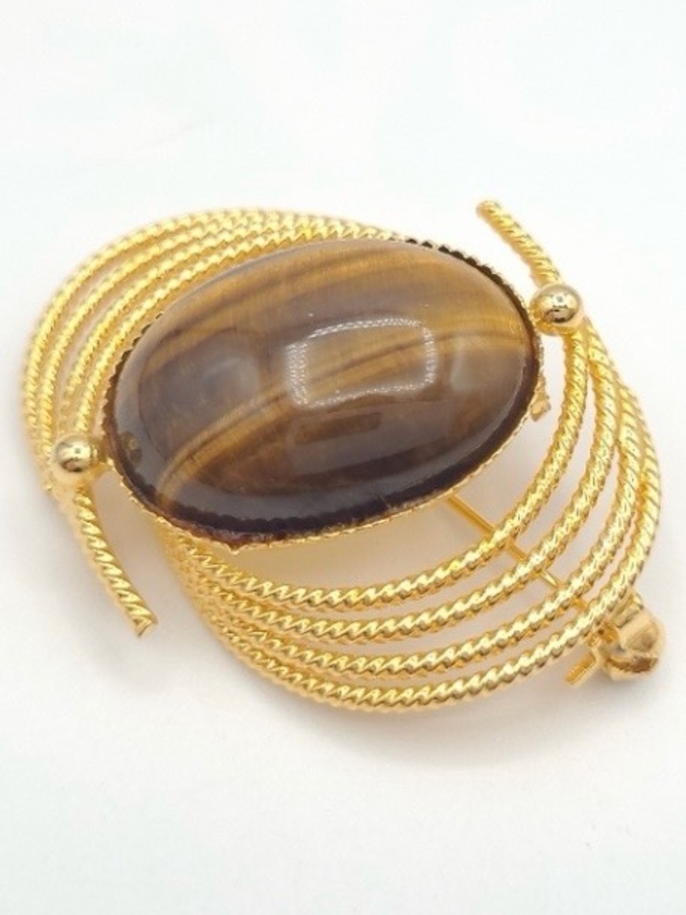 Vintage Gold Tone Tiger’s Eye Brooch | Oval Cabochon Statement Pin